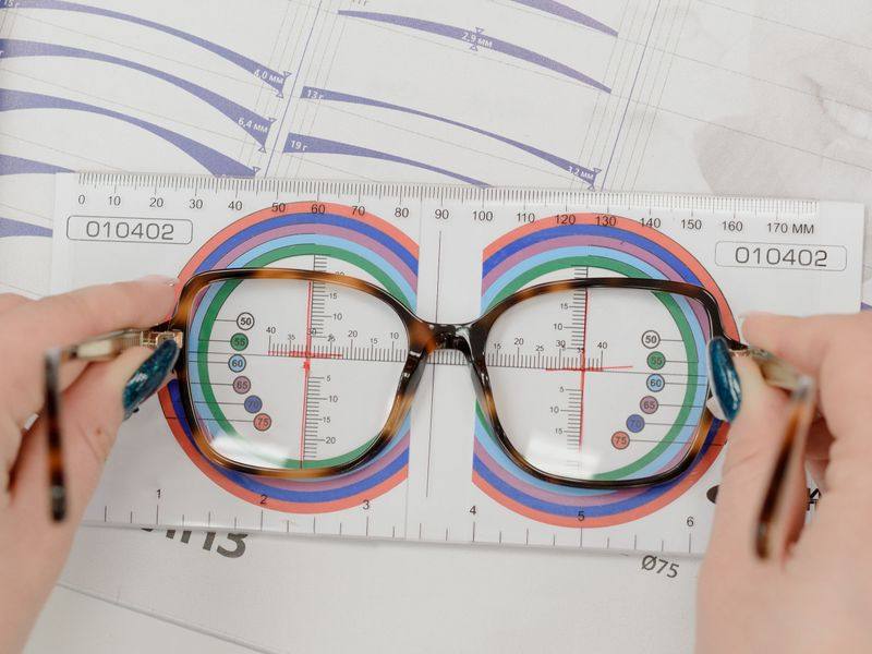 An optician measuring a pair of glasses on a lens chart